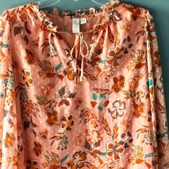 Joie Peach Brown Floral L Blouse V Neck Tie Boho Romantic Puff Swiss Dot Chic - Picture 1 of 8